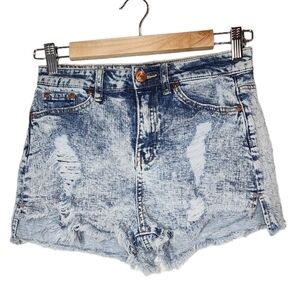 Almost Famous highrise acid wash jean shorts.